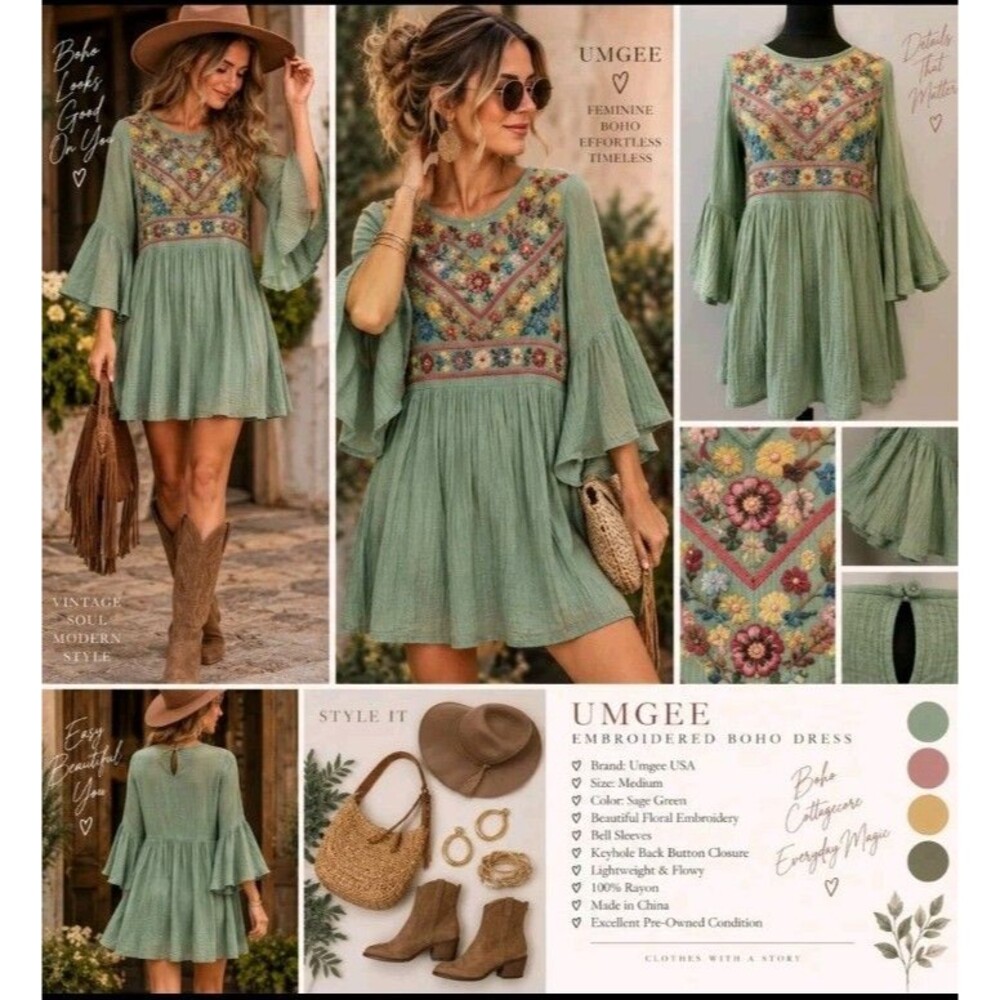 Umgee Boho Bliss Floral Embroidered Dress M Sage Green Bell Sleeve Cottagecore